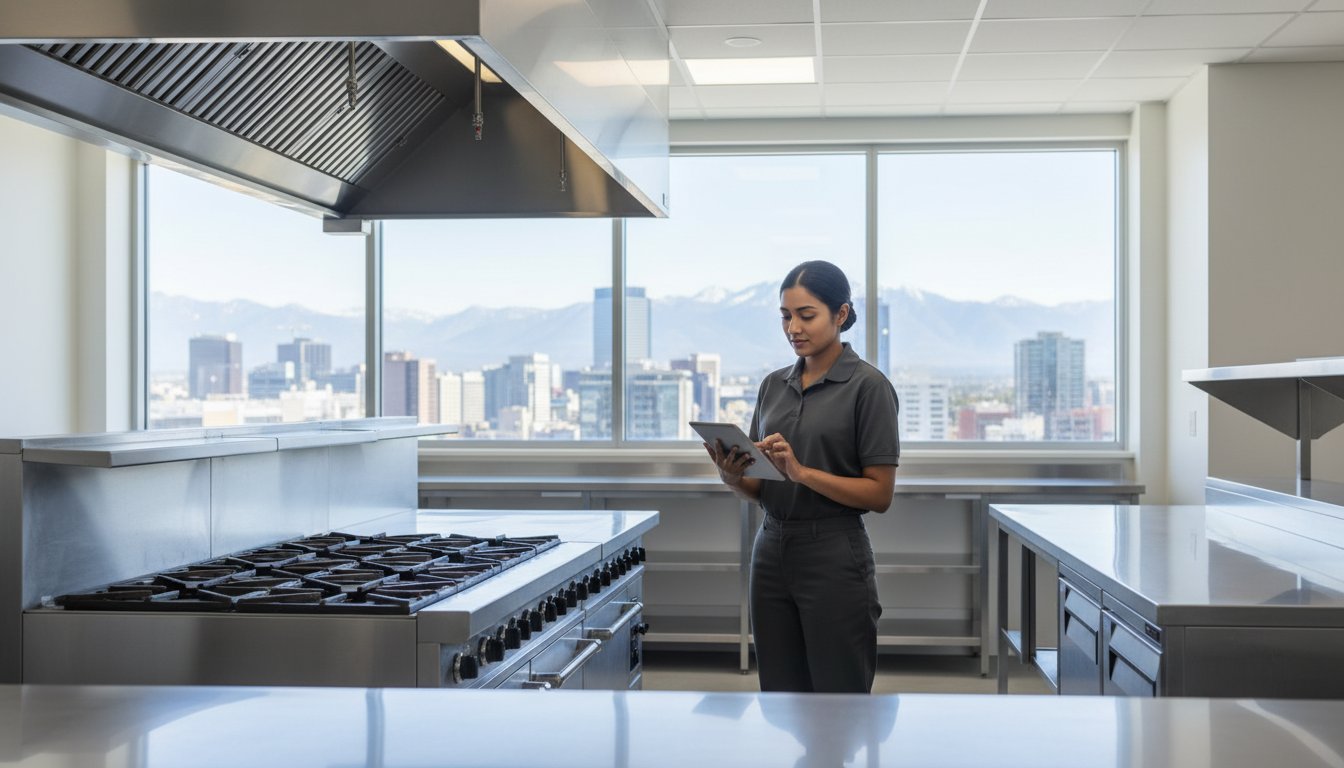 Commercial pest control technician inspecting a professional kitchen in Calgary for signs of pest activity, sanitation issues, and entry points.