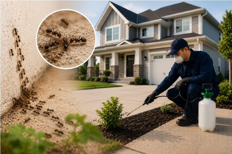 A pest control technician applying ant treatment around the foundation of a Calgary home while visible ant activity appears along the exterior wall.
