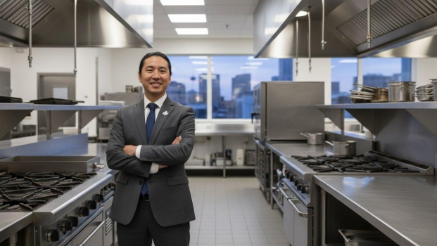 A professional restaurant manager standing in a clean commercial kitchen in Calgary, representing food safety, pest prevention, and health compliance standards.