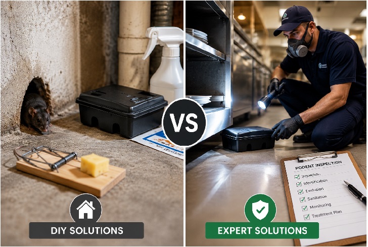 A split-screen comparison of rodent control methods showing a DIY mouse trap setup on one side and a professional pest control technician inspecting a rodent problem on the other.