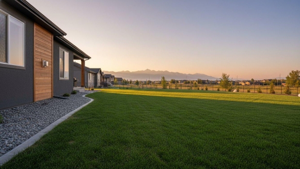 A wide open residential backyard in Calgary with a large green lawn, clean landscaping, and open space along the property perimeter, representing common outdoor areas where mice may nest or travel.
