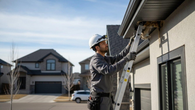 Man on ladder inspecting roof
