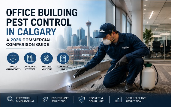 Pest control technician performing an inspection and treatment along the baseboards of a modern office building in Calgary as part of a commercial pest management program.