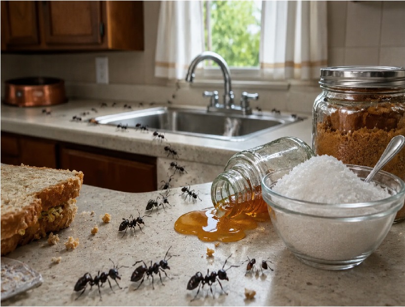 A realistic kitchen countertop with ants crawling toward spilled honey, sugar, and food crumbs near a sink, showing common indoor ant attractants.