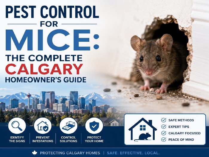 Mouse emerging from a hole in an interior wall with Calgary skyline in the background, representing professional mice pest control and prevention for homeowners.