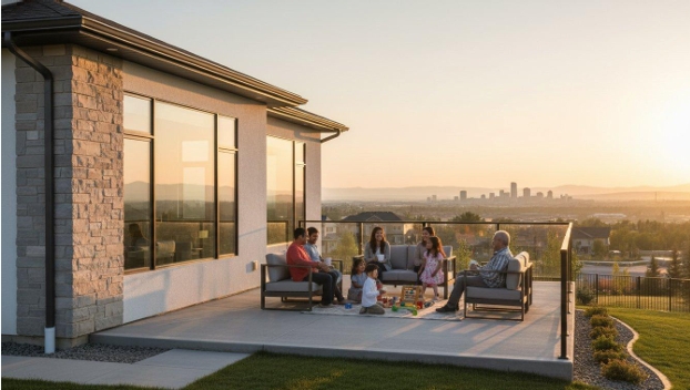 A modern Calgary residential home patio at sunset with a family relaxing outdoors, overlooking a landscaped backyard and city skyline.