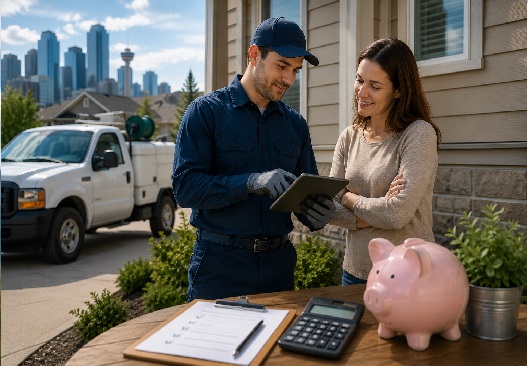 Pest control technician reviewing a preventative maintenance plan with a homeowner outside a Calgary home, with inspection tools and budget planning items on a table.