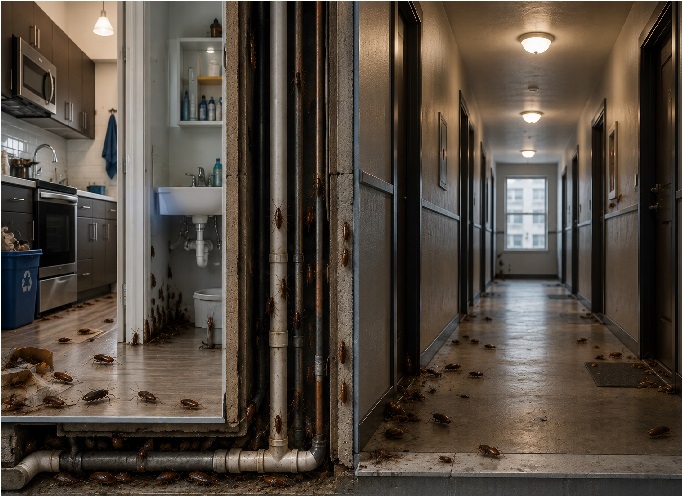 Infested apartment hallway with cockroaches. Why Cockroaches Spread Fast in Calgary Apartments