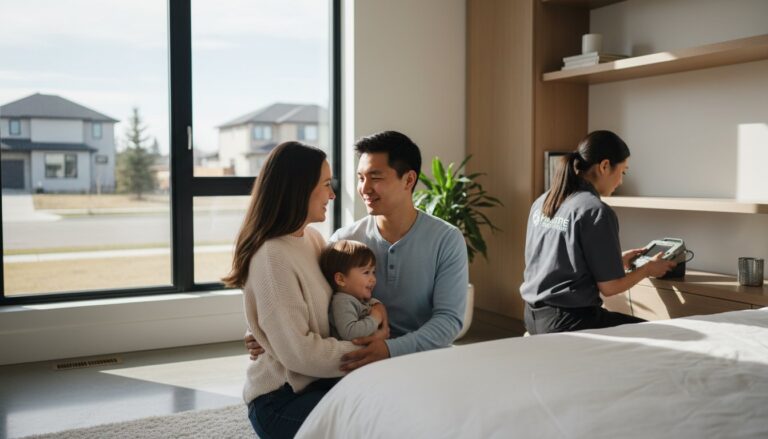 Family in a Calgary home feeling relieved after professional bed bug treatment while a pest control technician completes the final inspection.