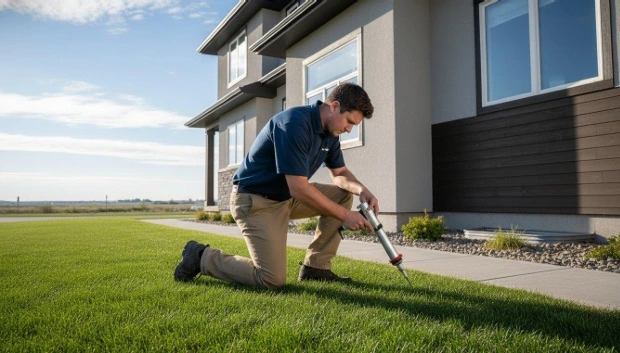Pest control technician applying targeted ant treatment in a residential lawn beside a Calgary home to eliminate underground ant colonies.