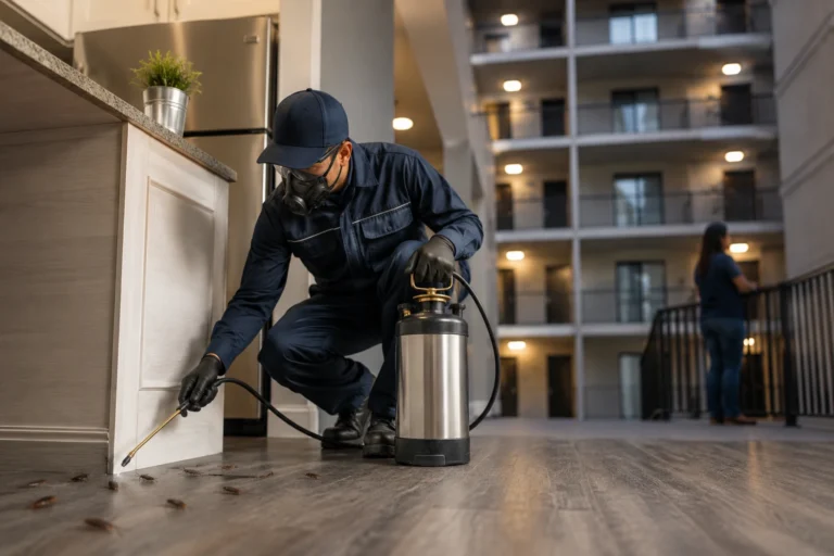 Pest control technician treating cockroach activity inside a Calgary apartment building kitchen with visible roaches near baseboards and cabinets.