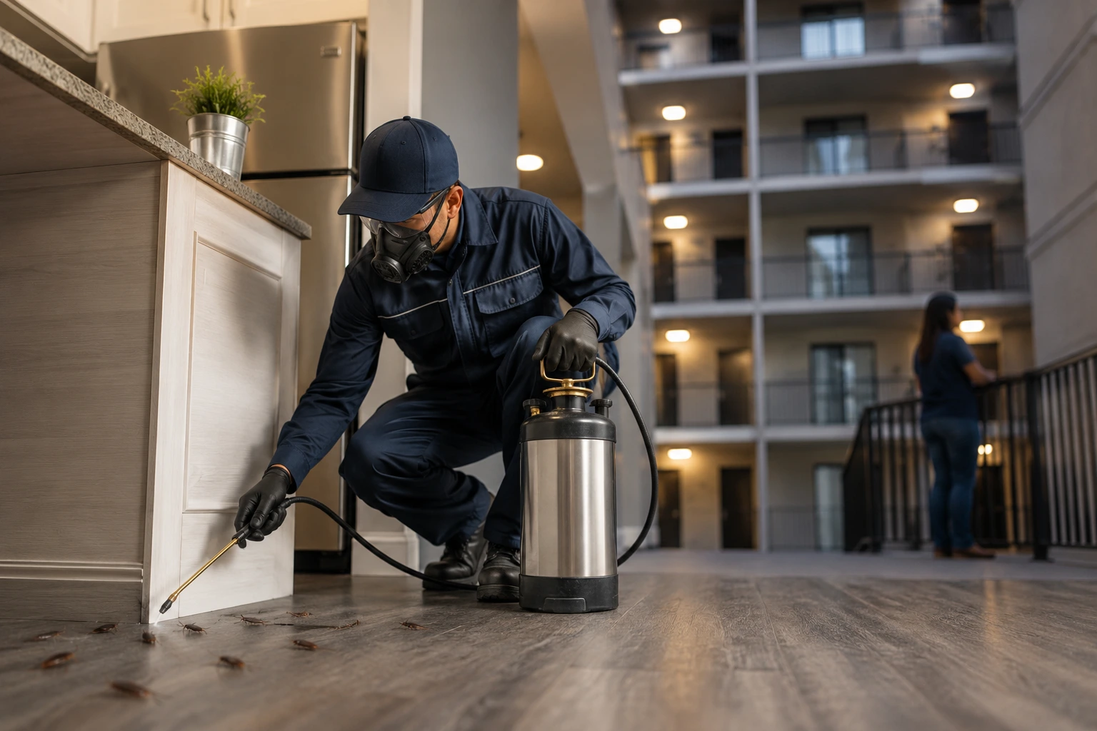 Pest control technician treating cockroach activity inside a Calgary apartment building kitchen with visible roaches near baseboards and cabinets.