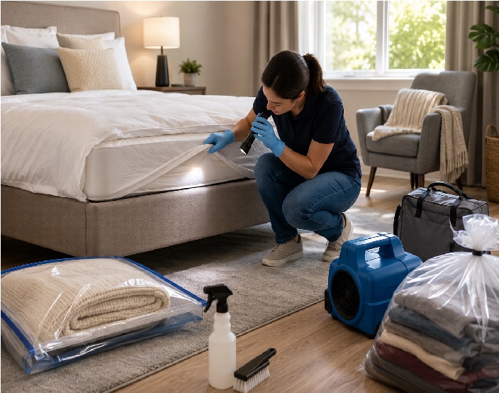 A homeowner inspecting a mattress seam with a flashlight after bed bug treatment, with cleaned bedding, sealed laundry bags, and pest control equipment visible in a tidy bedroom.