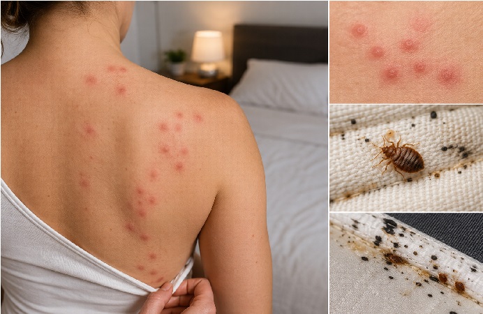 A close-up educational image showing red bite marks on a person’s back, with inset views of bed bugs, bite clusters, and mattress infestation signs for identification.