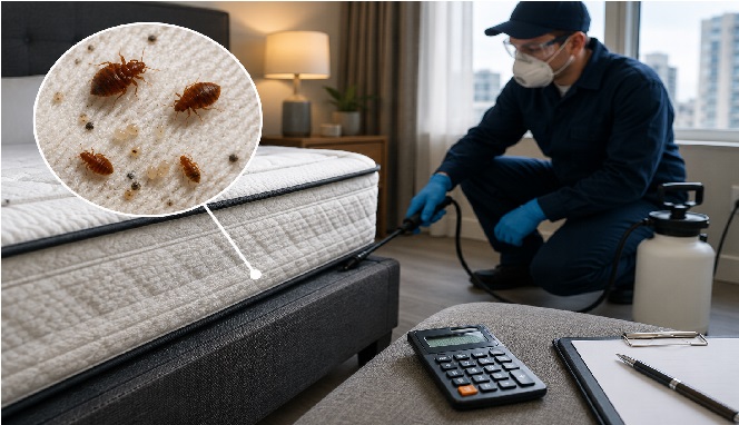 Pest control technician applying professional bed bug treatment to the edge of a mattress in a residential bedroom, with a close-up view of bed bugs and a calculator representing treatment costs.