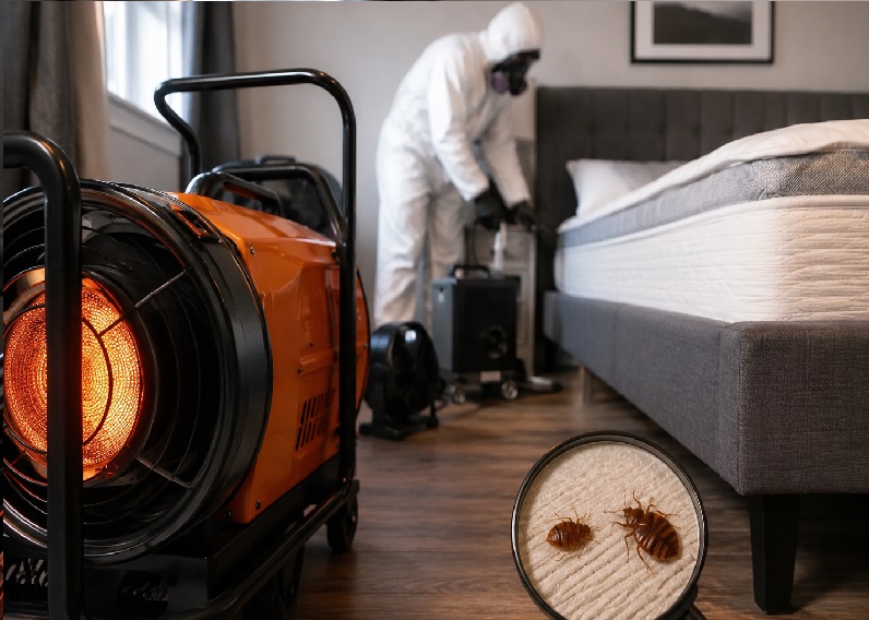 A professional bed bug heat treatment setup inside a bedroom with industrial heating equipment, air movers, and a pest control technician preparing the room, with a close-up view of bed bugs on a mattress.