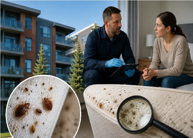 Pest control technician inspecting a bed bug-infested mattress inside an apartment while discussing treatment with a tenant, with an apartment building in the background.