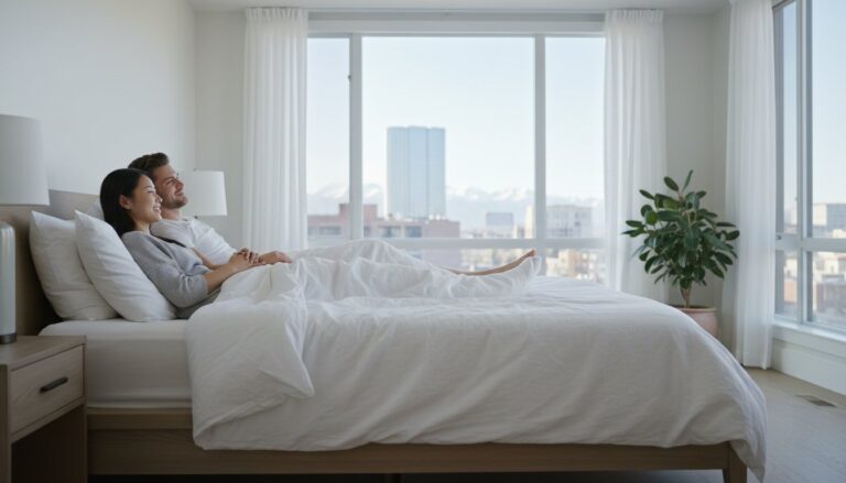 Couple relaxing in a clean bed inside a bright Calgary bedroom after successful professional bed bug treatment.