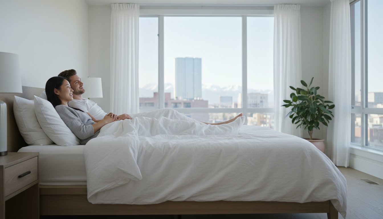 Couple relaxing in a clean bed inside a bright Calgary bedroom after successful professional bed bug treatment.