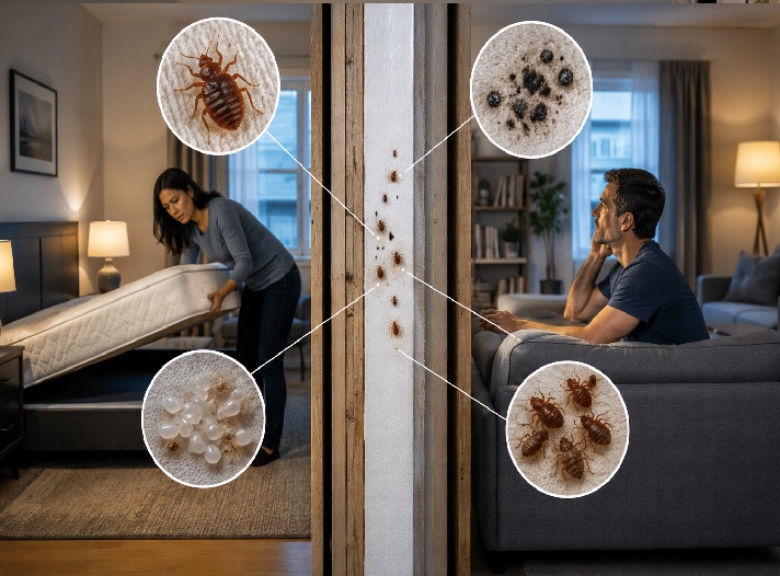 A split-view apartment scene showing two neighboring units separated by a shared wall, with visible bed bug activity, one resident inspecting a mattress and another sitting concerned, illustrating how infestations can spread between units.