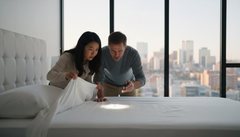 Couple inspecting their bed for signs of bed bugs in a Calgary apartment using a flashlight and checking under the sheets.