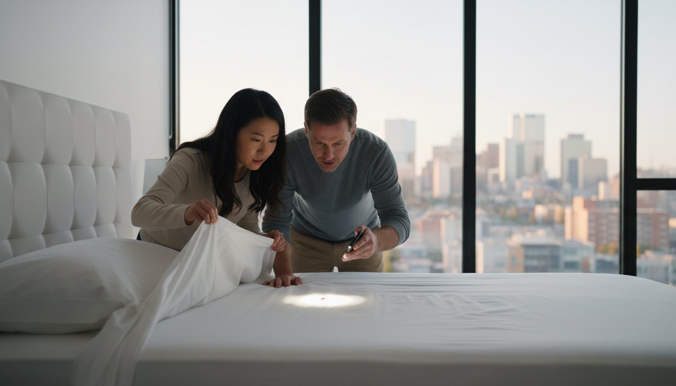 Couple inspecting their bed for signs of bed bugs in a Calgary apartment using a flashlight and checking under the sheets.