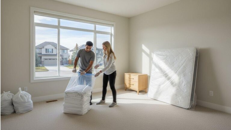Homeowners preparing a bedroom for bed bug treatment by sealing bedding and linens in plastic bags while standing mattresses are isolated for inspection.
