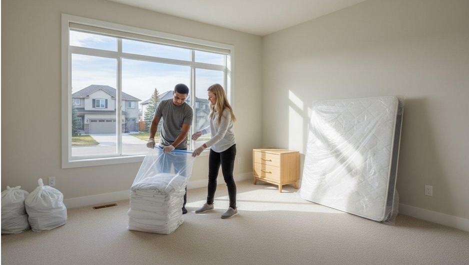 Homeowners preparing a bedroom for bed bug treatment by sealing bedding and linens in plastic bags while standing mattresses are isolated for inspection.
