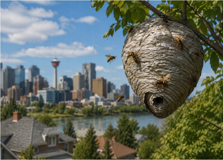 A large active wasp nest hanging from a tree branch with several wasps flying around it, overlooking Calgary’s skyline and nearby residential homes.