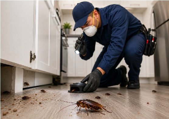 Professional pest control technician inspecting and placing cockroach bait traps on a kitchen floor during an active cockroach infestation treatment in Calgary.