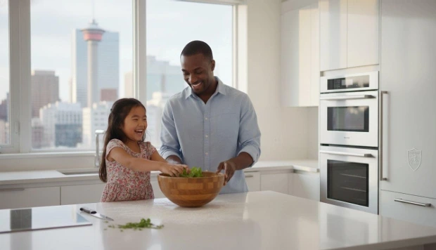 Father and daughter preparing food together in a modern kitchen with Calgary skyline visible through the window.