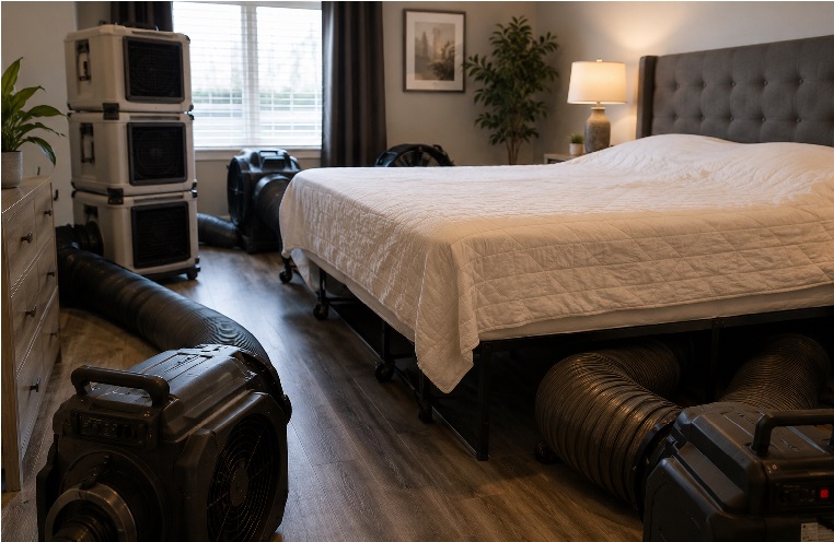 A bedroom prepared for professional bed bug heat treatment with industrial heating units, air movers, and ducting equipment placed around the bed to deliver high-temperature pest elimination.