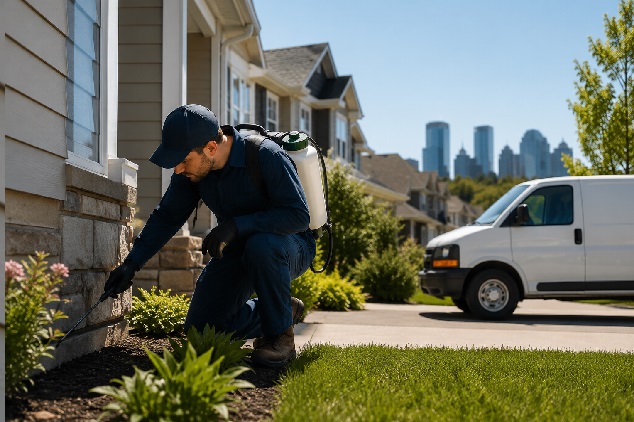 Pest control technician inspecting the exterior foundation of a residential home in Calgary while performing a preventive pest inspection, with a service van parked nearby.