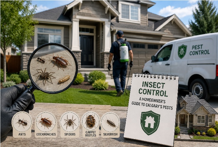 A pest control technician arriving at a residential home in Calgary with inspection equipment, while common household insects are shown in the foreground to represent local pest threats.