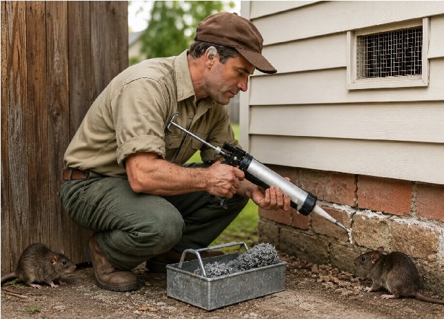 Pest control technician sealing a rodent entry point in a home foundation using a caulking gun while rats are visible nearby, demonstrating exterior rodent exclusion and prevention.