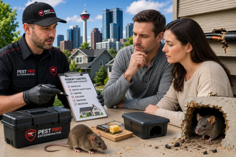 Professional rodent control technician consulting with homeowners beside mouse traps and bait stations during a residential mice inspection in Calgary.