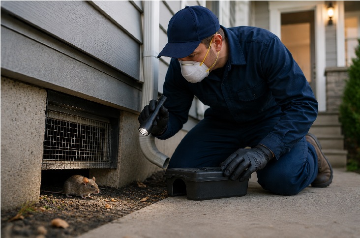 A pest control technician inspecting a mouse entry point near a foundation vent of a residential home in Calgary, using a flashlight and rodent bait station for professional mice removal.