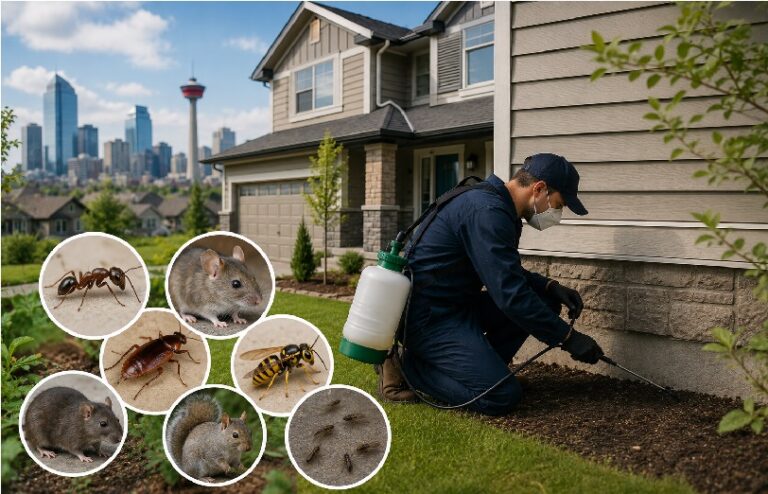 Pest control technician applying perimeter treatment around a residential home in Calgary with common household pests including ants, mice, cockroaches, wasps, squirrels, and termites displayed in the foreground.