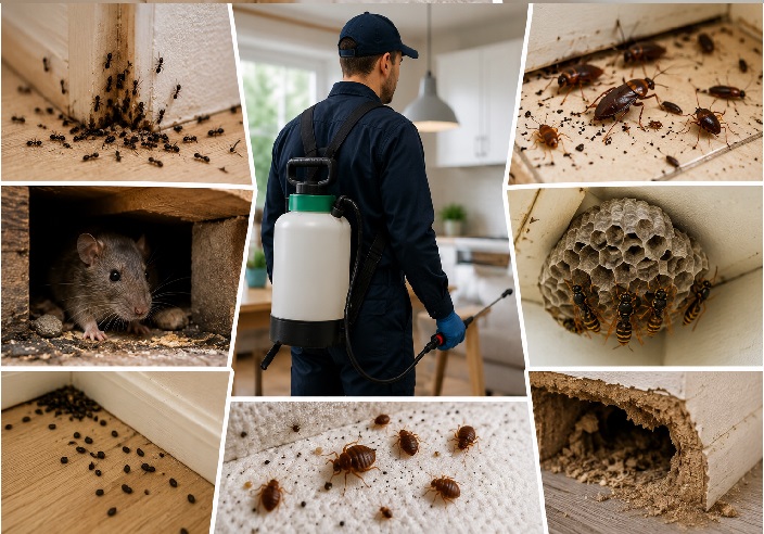 Pest control technician standing inside a home surrounded by signs of pest infestation, including ants, cockroaches, bed bugs, rodents, wasps, and wall damage.