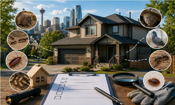 A Calgary suburban home with a pest inspection checklist on a clipboard, magnifying glass, flashlight, gloves, and illustrated common household pests including mice, ants, cockroaches, termites, wasps, pigeons, and bed bugs surrounding the property.