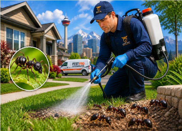 Pest control technician wearing a navy Pest Pro Exterminator uniform, gloves, and a respirator while applying ant treatment to an active anthill in a residential Calgary yard.