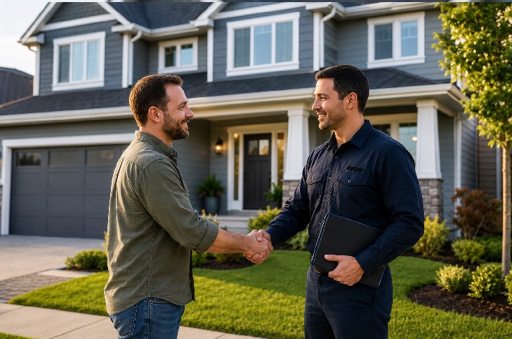 A homeowner shaking hands with a professional pest control technician in front of a modern residential property, symbolizing trust, service selection, and home protection.