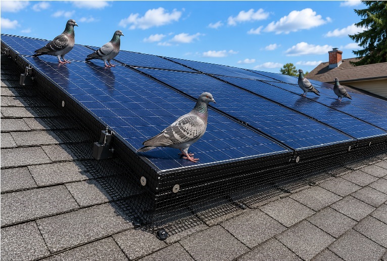Solar panels installed on a residential roof with protective bird-proof mesh around the edges while several pigeons stand on top of the panels under a bright blue sky.