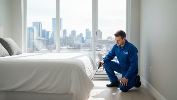 Pest control technician kneeling beside a bed and applying bed bug treatment along the base of a mattress in a modern apartment bedroom with large windows and Calgary skyline in the background.