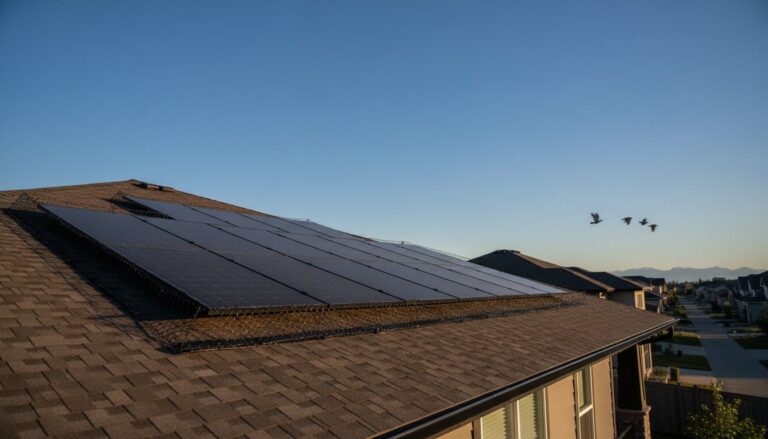 Residential solar panels in Calgary fitted with bird spikes and perimeter mesh to prevent pigeons from roosting and nesting around the system.