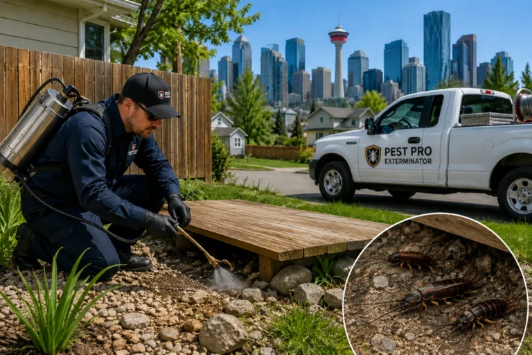 Pest control technician applying exterior treatment around a Calgary home foundation to eliminate earwigs hiding in soil and landscaping.