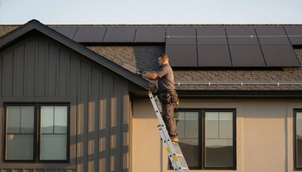 Technician installing bird barrier protection around solar panels on a residential roof in Calgary to prevent pigeons from nesting underneath.