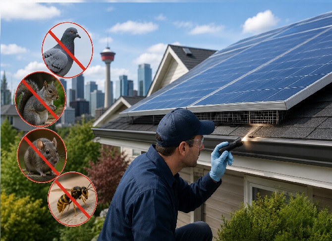 A pest control technician inspecting the edge of a solar panel installation on a Calgary home, with pest prevention symbols showing pigeons, squirrels, mice, and wasps as common threats.