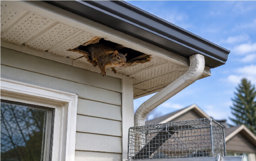 A squirrel peeking through a damaged soffit opening on a Calgary home, with visible entry damage and a wildlife trap positioned below for professional removal.