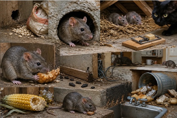 Collage-style realistic image showing multiple signs of rodent infestation, including rats near food scraps, droppings, nesting areas, entry holes, and damaged kitchen spaces, with a black cat nearby.